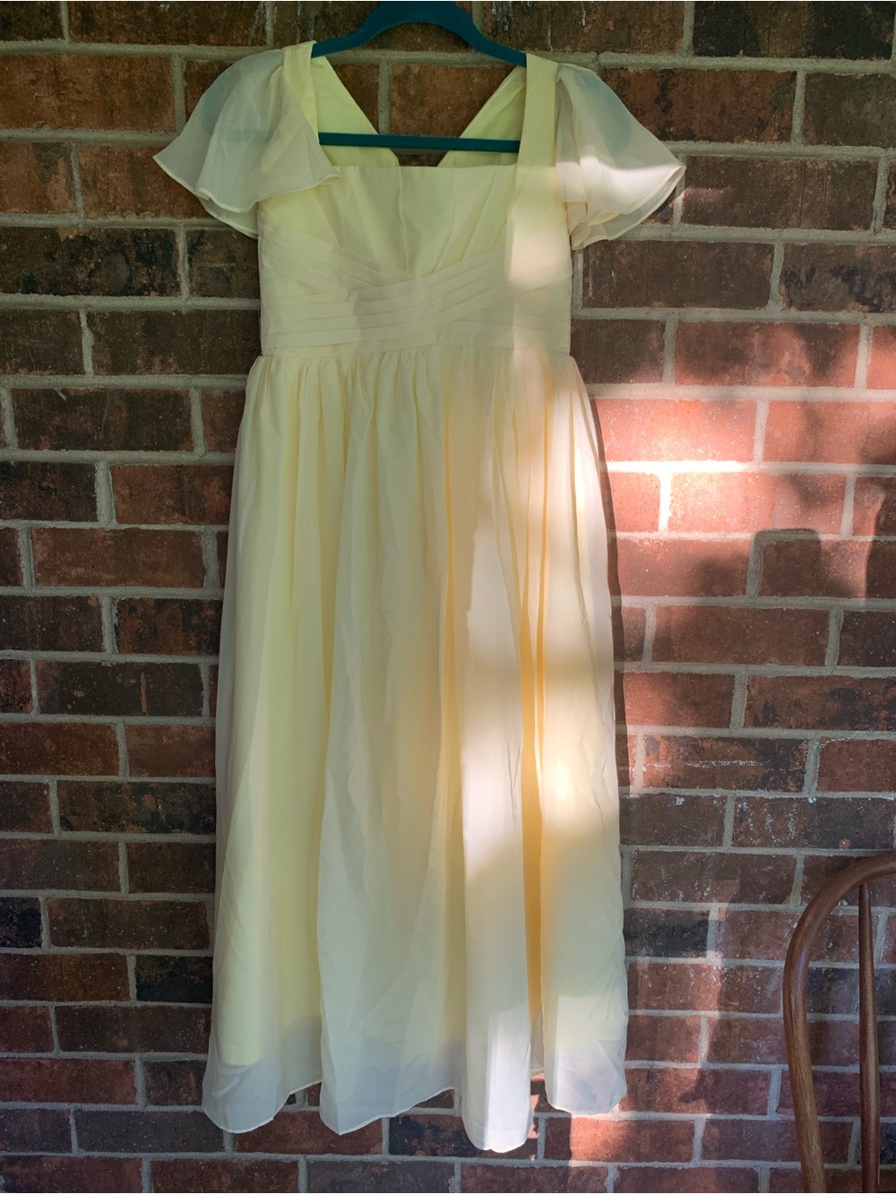 Yellow Chiffon Midi Dress 14 Juniors V-Neck Flutter Sleeve Lined Pleated Tie - Picture 1 of 6